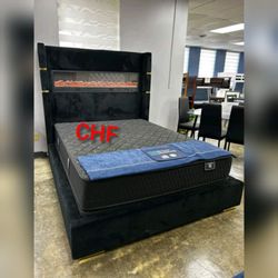 Black 3D fireplace simulator w/ 12 colors king bed frame w/ bluetooth audio USB