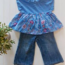Baby Gap Girls 12-18 Month Outfit Floral Shirt Top & Wide Leg Jeans