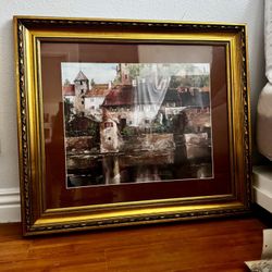 Large Framed Village Landscape Painting – 30” x 27” (Gold Frame)
