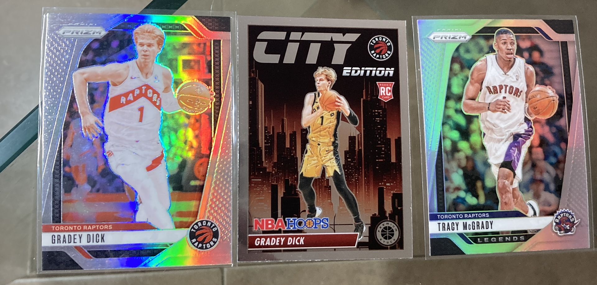 2024 Prizm 3 card NBA basketball Raptors Tracy Mcgrady Gradey Dick holo silver & City Rc etc All cards are In good condition near mint to mint - gem.