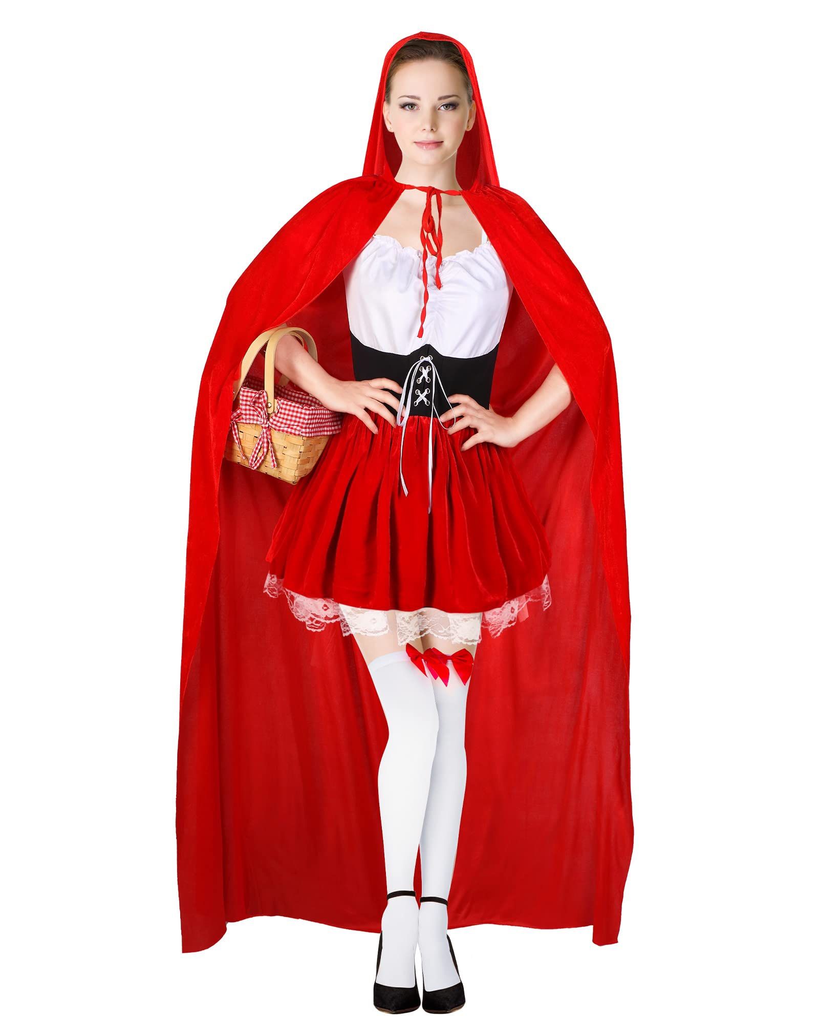 Pcs Women's Riding Hood Costume Halloween Party Dress With Red Hooded Cloak White High Socks Picnic Basket (XL)