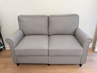 Mid-Century Modern 2-Seat Loveseat, Medium Heathered Grey, Nailhead Trim, Wider Deeper Seats, Soft Linen Sofa for Living Room