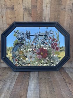 Vintage Decorative Beveled Mirror With Floral And A Bird Art