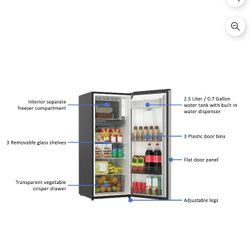 Galanz 6.5 Cu ft One Door Refrigerator, with Water Dispenser, Stainless Steel Look, Estar, New