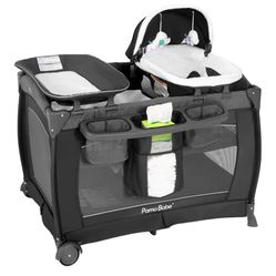 Pamo Babe Playard Portable Playard Foldable Playpen for Baby and Toddler Portable Crib Mattress Diaper Changer for Newborn (Grey)