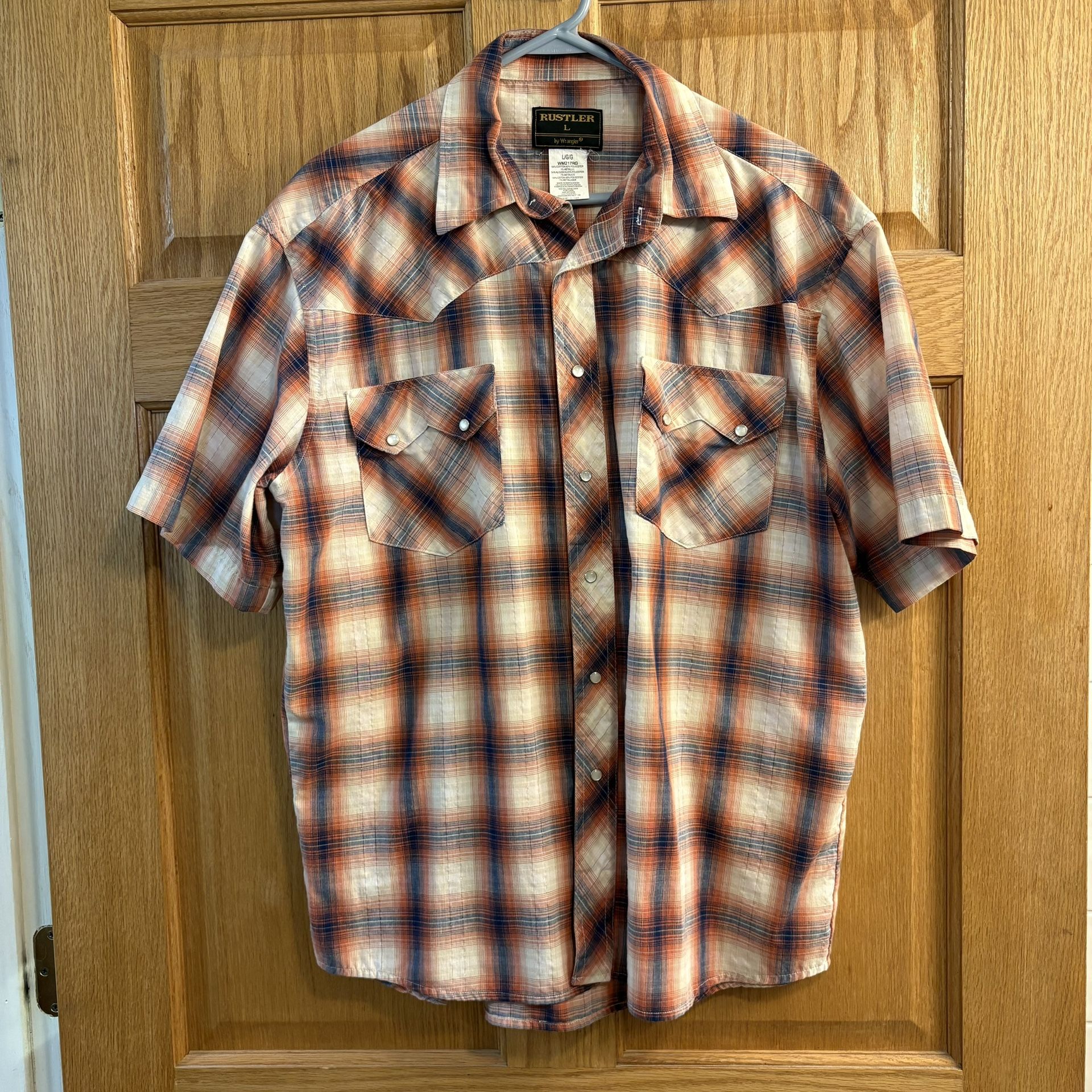 Wrangler Rustler Shirt Mens Large Orange Plaid Short Sleeve Pearl Snap Western