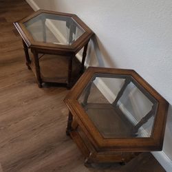Pair of Vintage Hexagonal Walnut End Tables, Glass Top, and Faux Cane Shelf
