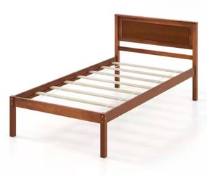New in Box Brown Walnut Wood Frame Twin Size Platform Bed Frame with Headboard Mattress Foundation
