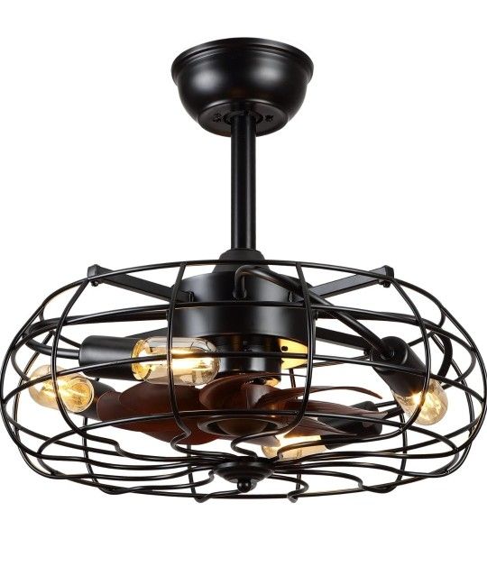 Asyko 20in Caged Ceiling Fan Black With Wood Colored Blades With Remote Reversible Indoor/outdoor  New