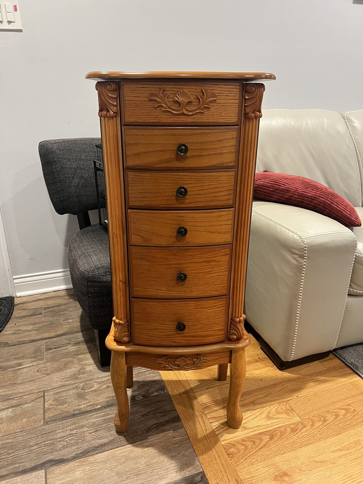 Wood Jewelry Cabinet/Chest/Armoire/Storage/Stand Organizer with Side Doors,5 drawers & makeup mirror