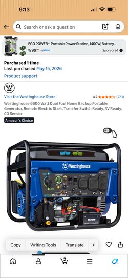 Westing House 6600 Watt Dual Fuel Home backup Generator.Brand New in the Box
