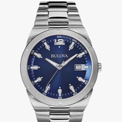 Bulova Reloj clásico de cuarzo con fecha y calendario de 3 manecillas de acero inoxidable para hombre, esfera azul, 1.693 in Estilo: 96B220