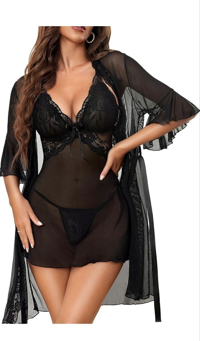 Women Sexy Lingerie Set 3 Piece Babydoll & Lace Kimono Robe Strap Chemise Nightgown Mesh Sleepwear
Size M