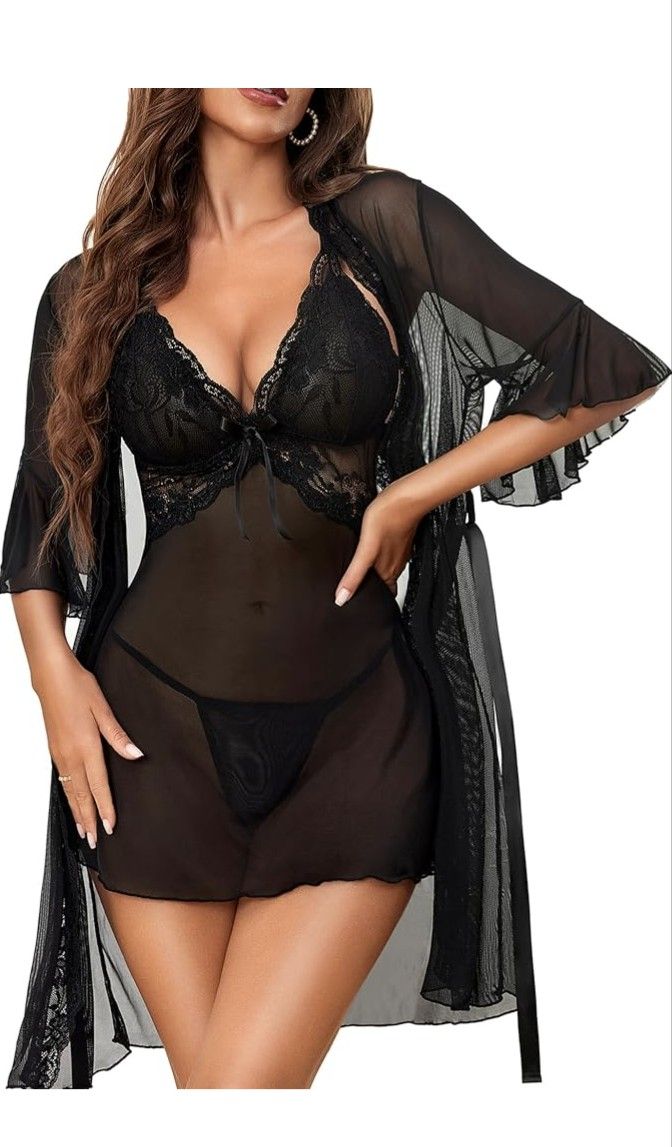 Women Sexy Lingerie Set 3 Piece Babydoll & Lace Kimono Robe Strap Chemise Nightgown Mesh Sleepwear

Size M