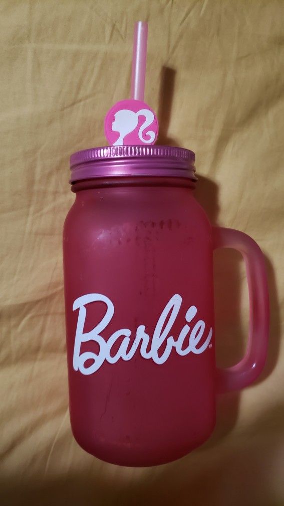 New mattel barbie glass mason jar with lid and strawl