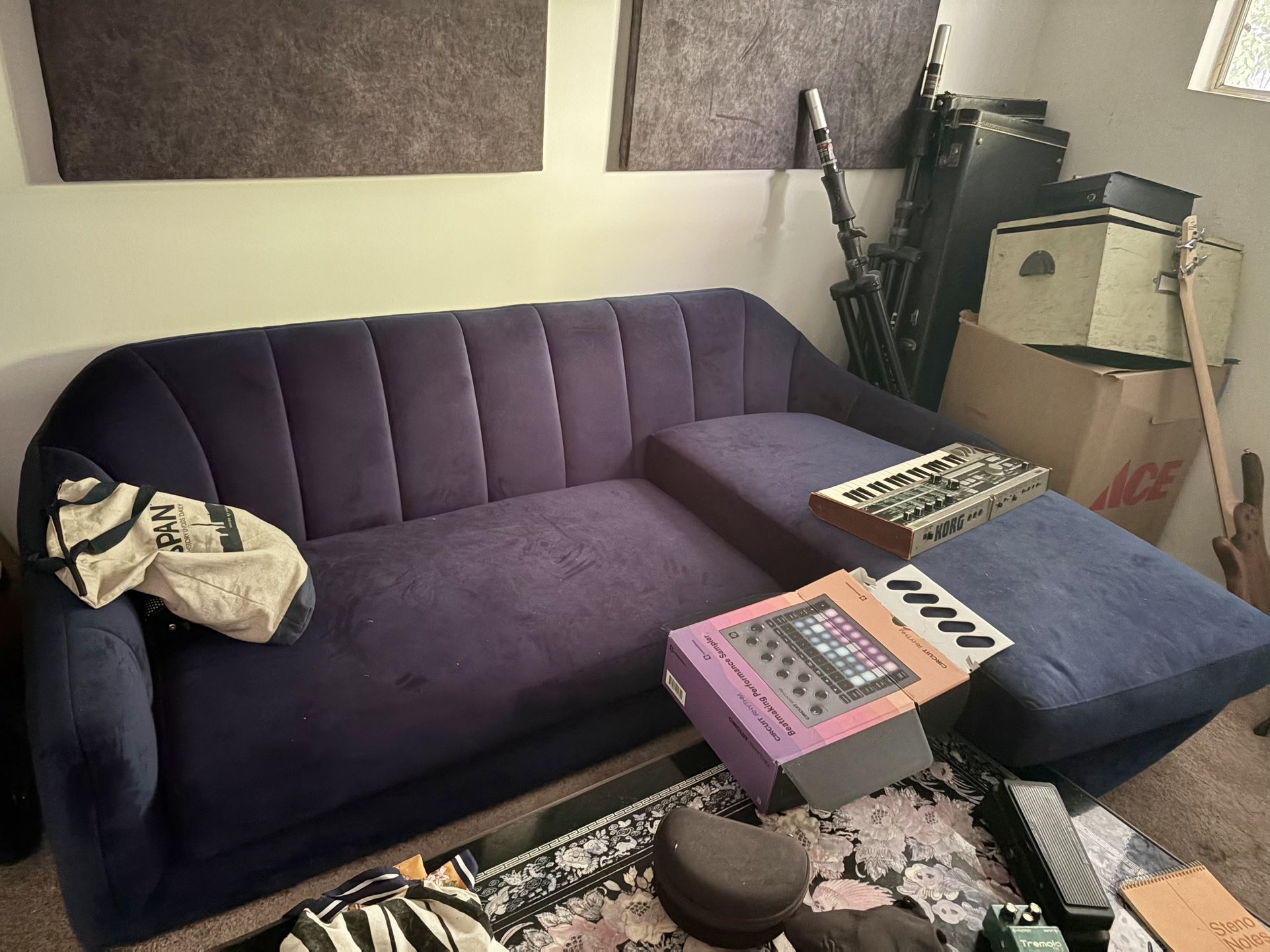 Small Navy Blue Velvet Couch + Ottoman