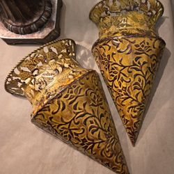 Pair Of Pretty Yellow Wall Pockets With scroll Design 