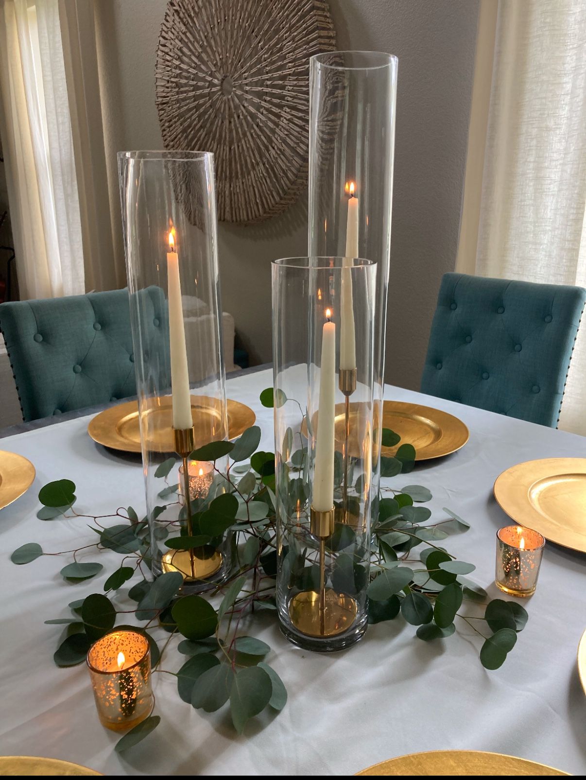 Set Of 3 Cylinder Glass Vase With Gold Candle Holder