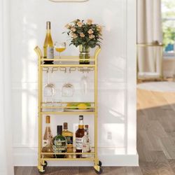 Bar Cart Gold, Home Bar Serving Cart, Small Bar Cart with 3-Tier Mirrored Shelf, Wine Holders, Glass Holder, Mini Bar Cart for Small Spac