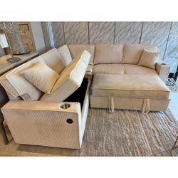 Beige Corduroy Sleeper Sofa With Pull Out Bed
