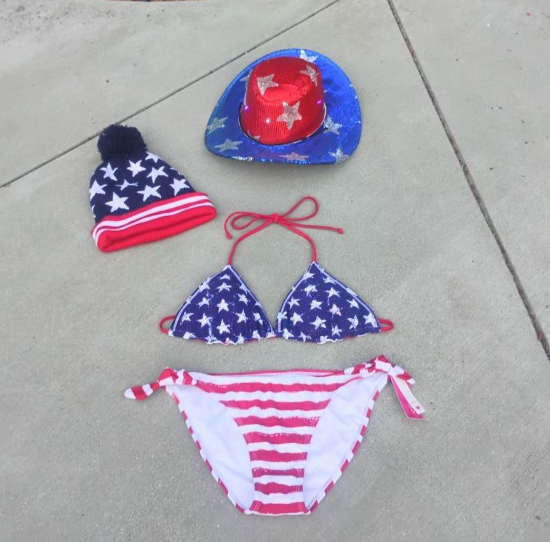Red White and Blue Flag Bikini Lighted Cowboy Hat And Matching Beanie