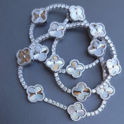 925 Silver Tennis Necklace With Clovers And Moissanites GRA Certificate 