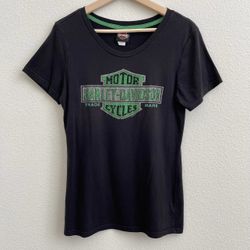 HARLEY DAVIDSON Black Green Rhinestone Sacramento, CA Short Sleeve Graphic Tee
