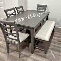 ✅️✅️6  pc grey finish wood dining table set padded seat  chairs and bench ✅️✅️