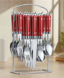 20-Piece Hanging Flatware Set with Rack, Red - Elegant Stainless Steel Utensils (Red) $39