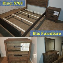 Brand New 4 Pcs Bedroom Set 
Brown Wood 
Includes Bed, 1 Night Stand, Dresser, Mirror 
Queen: $649 + Tax
King: $768 + Tax
FREE LOCAL DELIVERY & SET UP