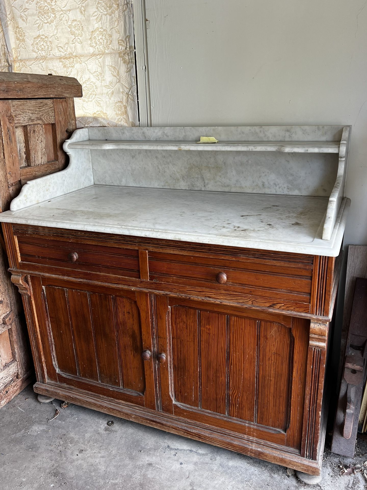Antique French Country Pine Cabinet W Marble Top