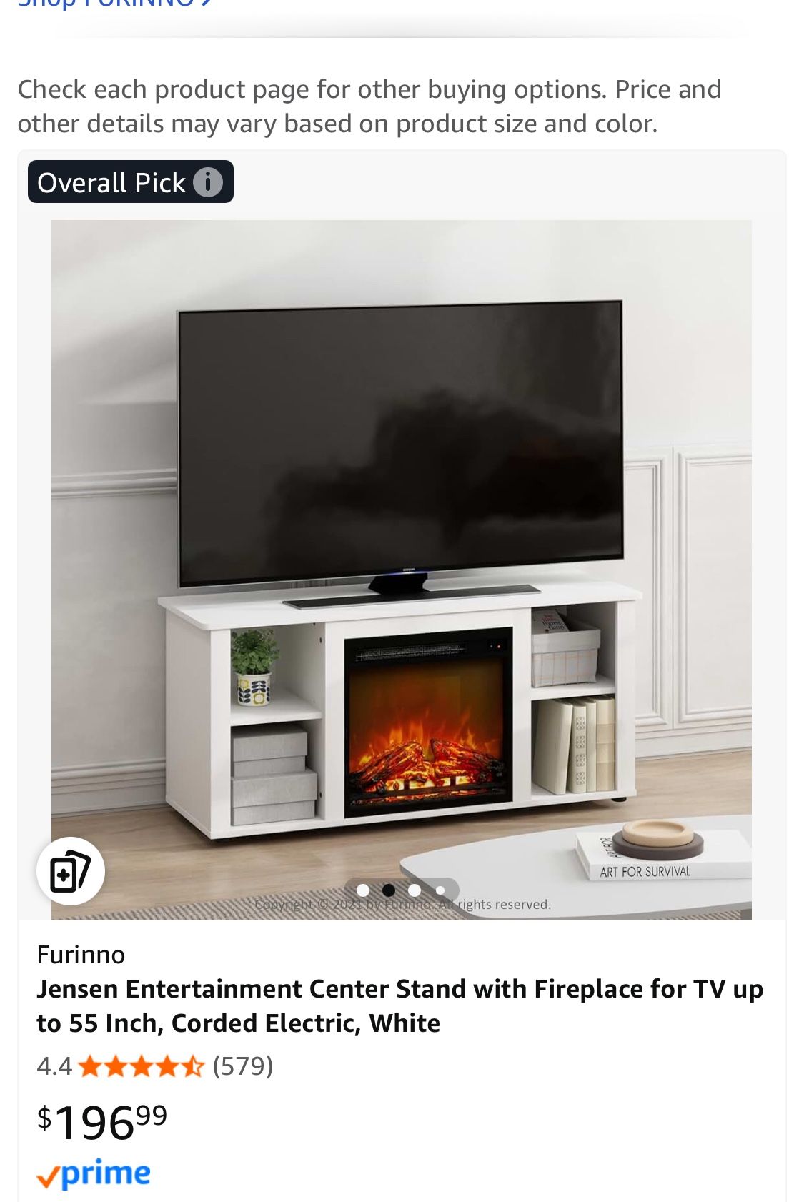 Furinno Jensen Entertainment Center Stand with Fireplace for TV up to 55 Inch, Corded Electric, White