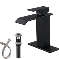 Greenspring Matte Black Bathroom Faucet Waterfall Single Handle One Hole Bathroom Sink Faucet with Pop Up Drain Deck Mount Bath Commercial Modern Tap 