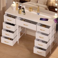 Vanity Desk with Outlets and 9 Drawers - NEW