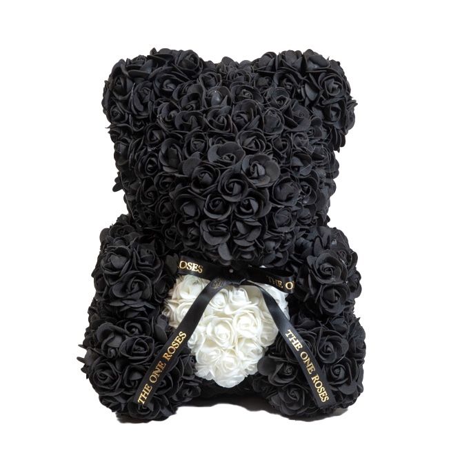 Sitting Black Rose Bear White Heart