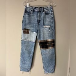 Hollister High Rise Mom Jeans With Plaid Patches
