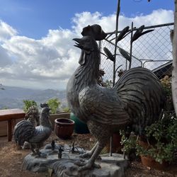 More Than Life Size Rooster And Chicken Bronze Sculpture 
