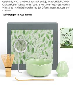 Ceremony Matcha Kit with Bamboo Scoop, Whisk, Holder, Sifter, Chawan Ceramic Bowl with Spout, 5 Pcs Green Japanese Matcha Whisk Set - High End Matcha 