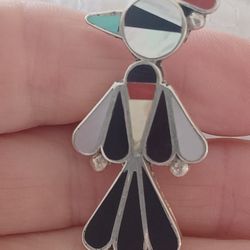 Vtg.Native Sterling Silver Inlaid Onyx,turquoise, Mop "Roadrunner" Ring-sz6