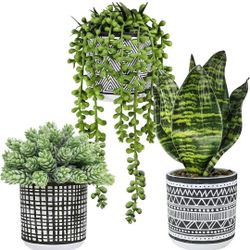 3 Pcs Small Potted Plants Artificial Succulents Hanging Plants and Faux Tropical Snake Plant