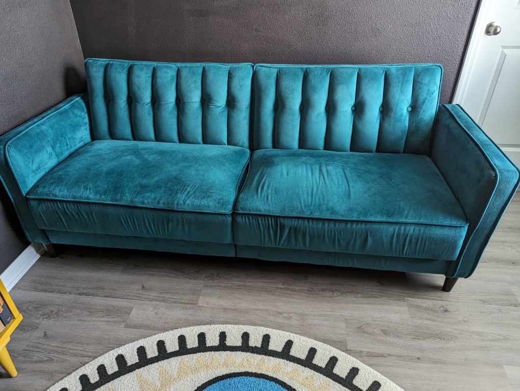 Blue/green velvet sleeper couch for sale