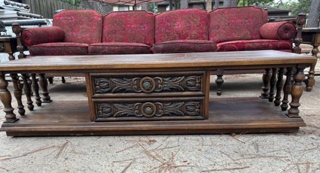 VINTAGE 1968 - Ornate Carved Wood Coffee Table with Drawers