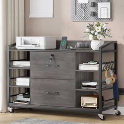 Rustic Gray Mobile File Cabinet with Locking Drawers, Shelves & USB/Outlets