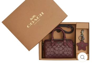 COACH Mini Rowan Crossbody Bag Mirror Bag Charm Set In Signature Canvas Wine 