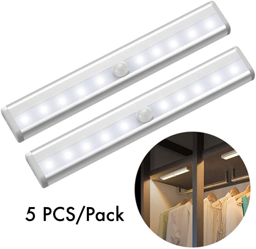 5 PCS 10 LEDs Motion Sensor Light Cupboard Wardrobe Bed Lamp LED Under Cabinet Night Light for Closet Stairs Kitchen