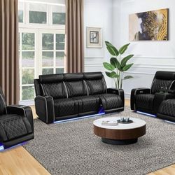 Power Electric Black Leather Fully Reclining Couch Set