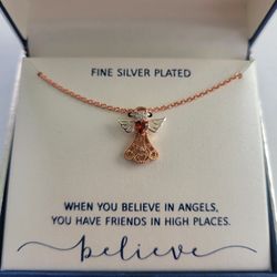 Gratitude & Grace Angel Believe Fine Silver plate Cubic Zirconia Necklace. New