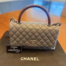 Chanel Grey/Burgundy Caviar Leather and Lizard Medium Coco Top Handle Bag