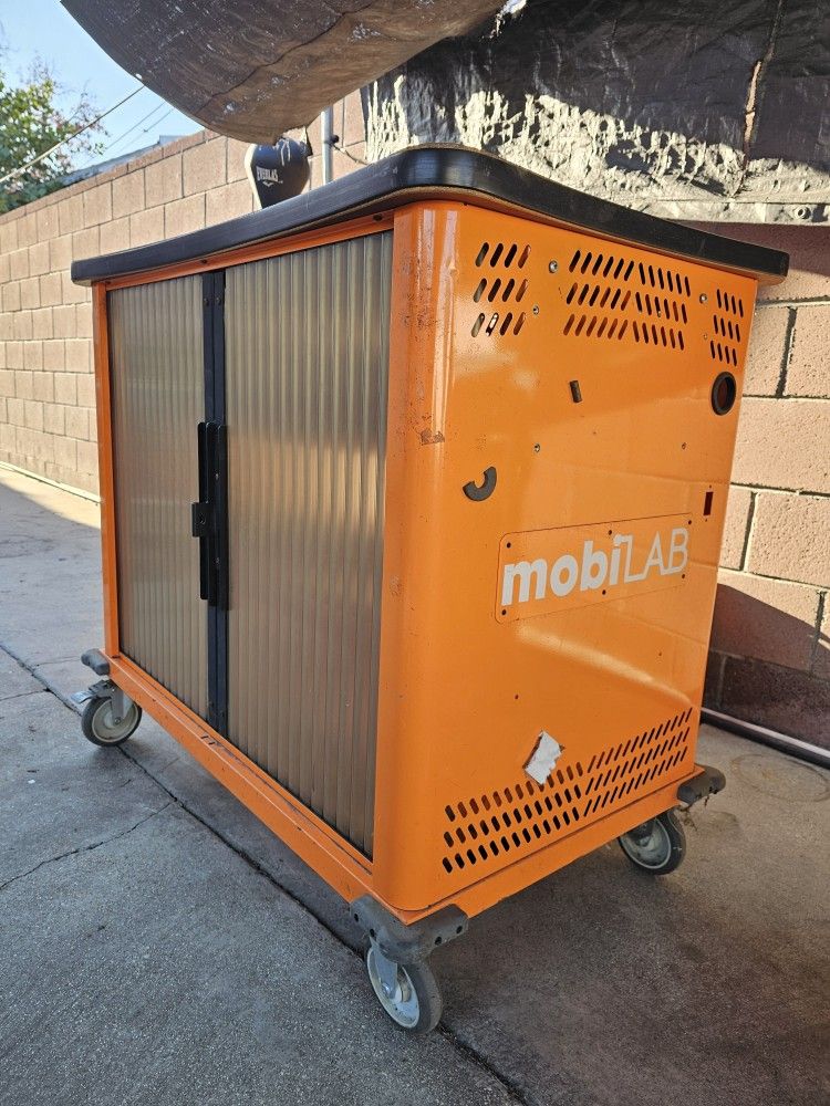 mobiLAB Heavy Duty Industrial Rolling Mobile On Wheels Tool Box Toolbox Cart Workbench Cabinet Metal With Wood Top And Slide Side Doors