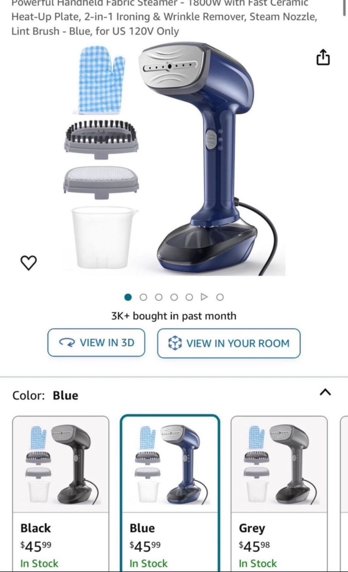 Powerful Handheld Fabric Steamer - 1800W with Fast Ceramic Heat-Up Plate, 2-in-1 Ironing & Wrinkle Remover, Steam Nozzle, Lint Brush - Blue, for US 12